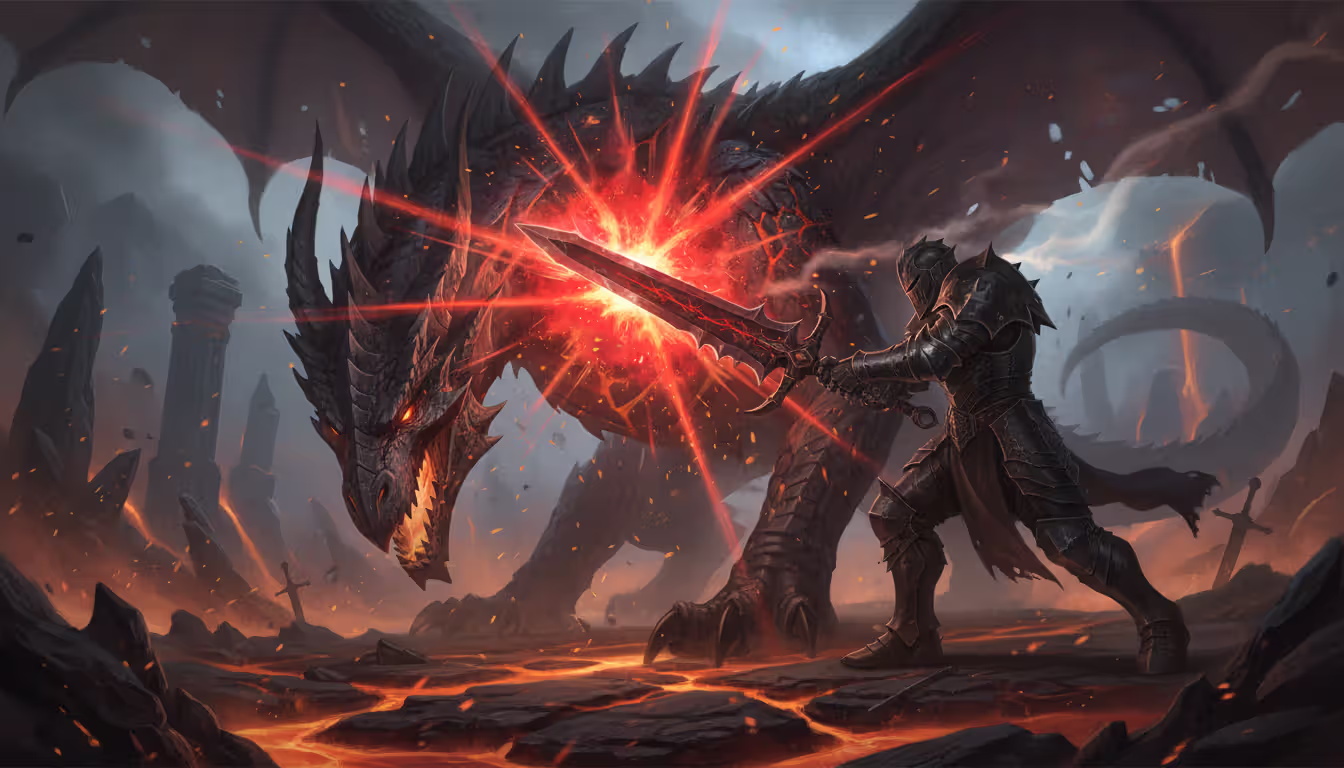 Armored warrior delivering a powerful Execute strike with a glowing red two-handed sword against a wounded dragon boss in a dark raid arena