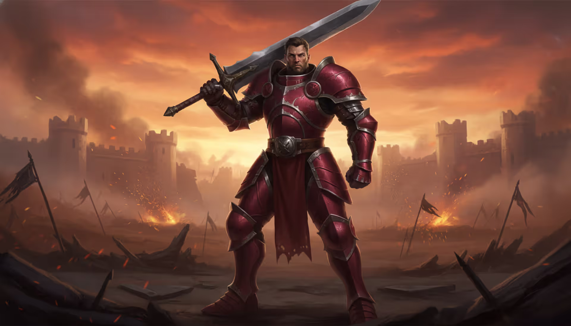 Plate-armored warrior holding a massive two-handed sword on a fiery battlefield with fortress silhouettes in the background