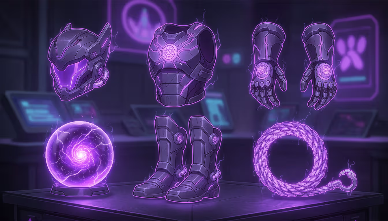 Set of six sci-fi anime-style relic artifacts glowing with purple quantum energy arranged in a grid on a dark surface including helmet gloves chestpiece boots sphere and rope