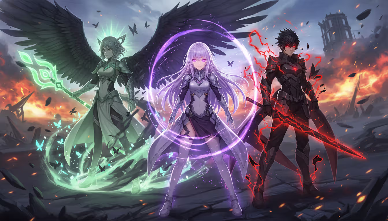 Four anime characters standing together in battle poses with purple quantum red lightning dark butterfly and green healing auras on an abstract battlefield background