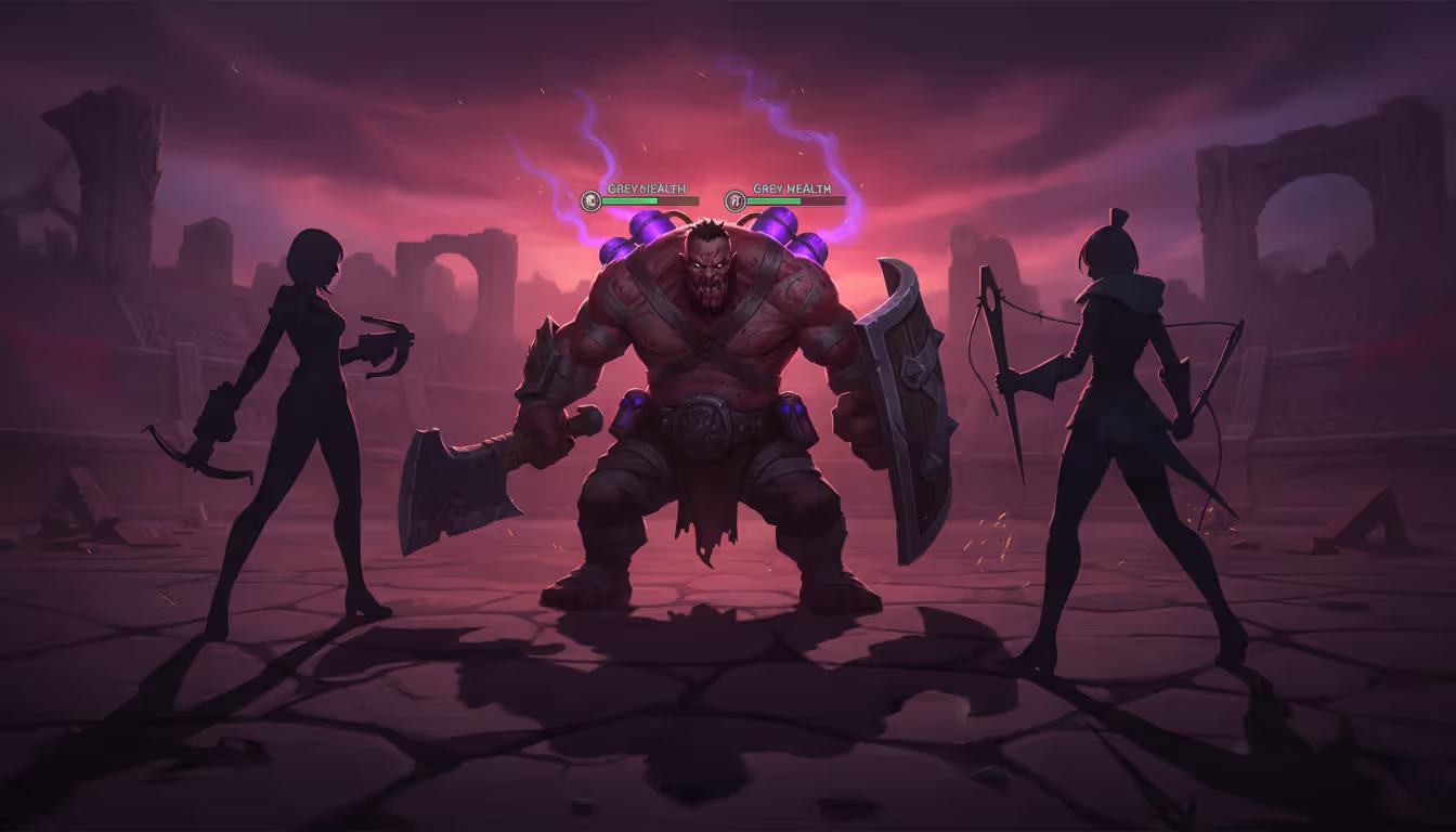 Dr Mundo in defensive stance facing three enemy champion silhouettes including Vayne Fiora and Gwen in dramatic red and purple lighting