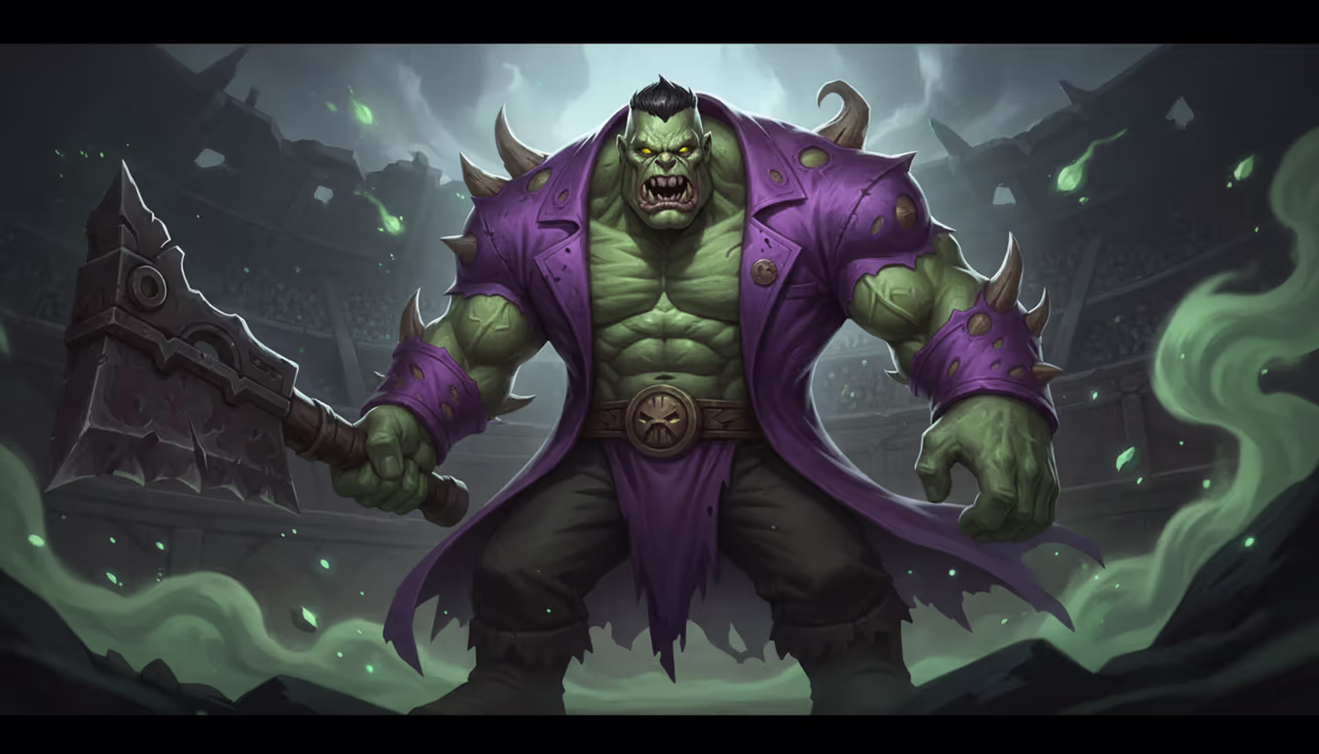 Dr Mundo champion from League of Legends standing in a dark arena holding his massive cleaver with green glowing effects around him