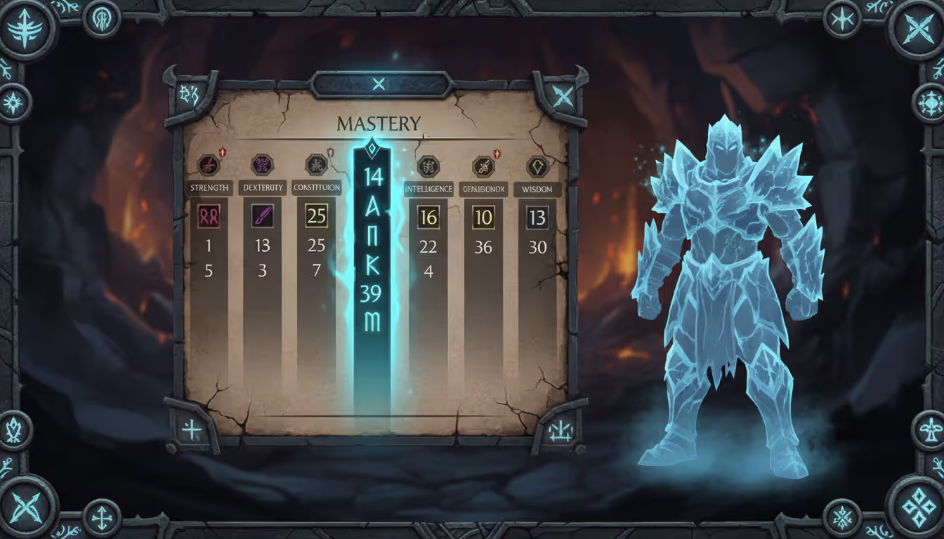 Fantasy RPG character stats panel highlighting Mastery as the dominant secondary stat for a frost warrior