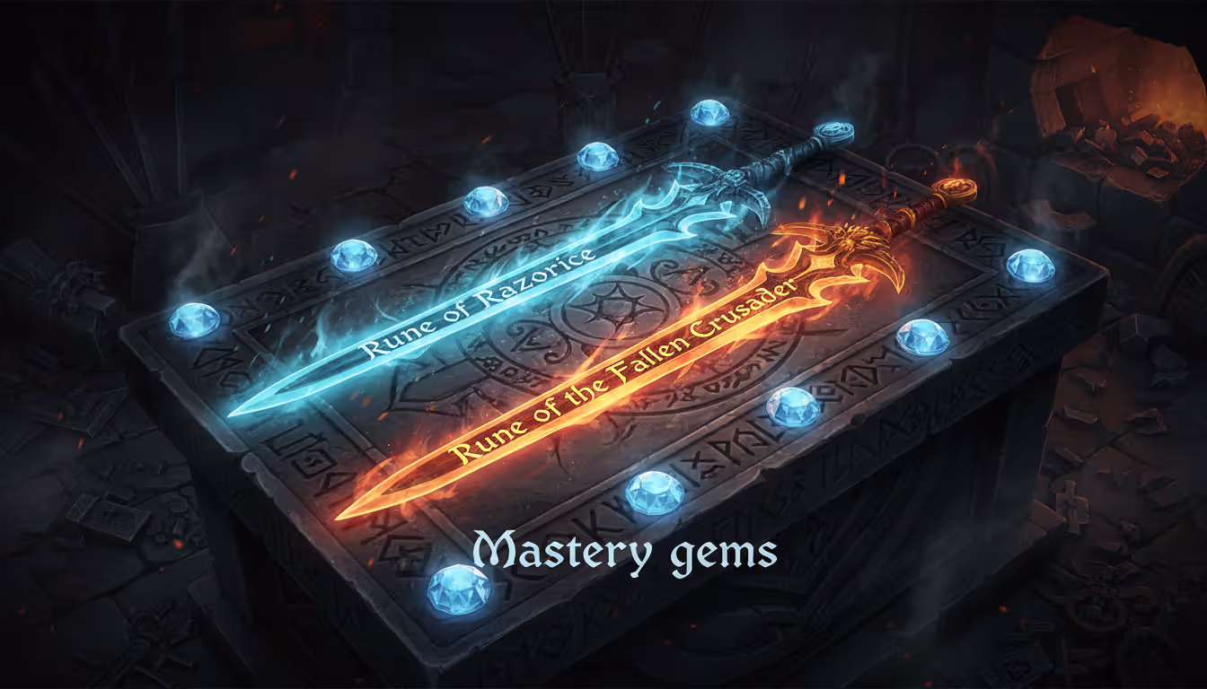 Two one-handed swords on a runic stone altar with blue Razorice glow and red-gold Fallen Crusader glow surrounded by blue mastery gems