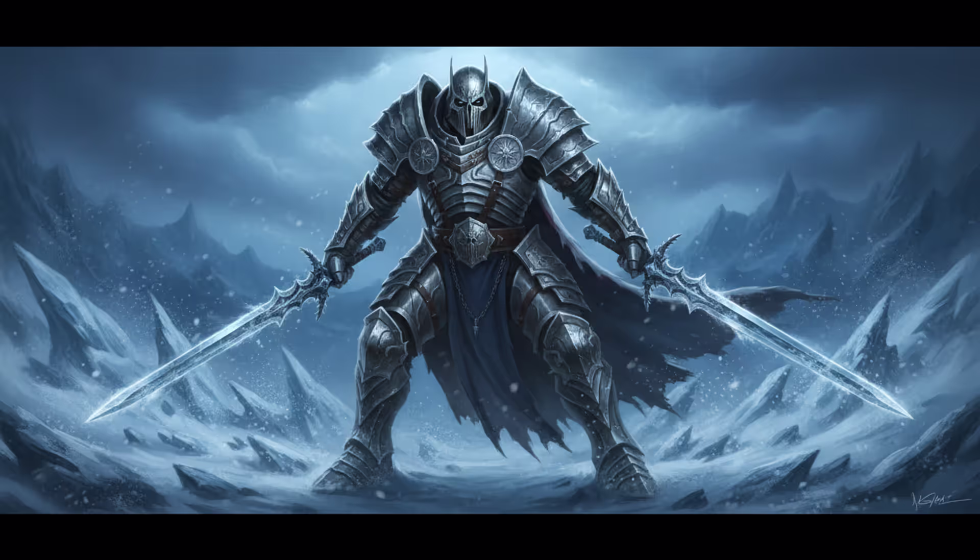 Frost Death Knight in heavy icy armor dual-wielding frost-covered one-handed swords in a dark blizzard environment