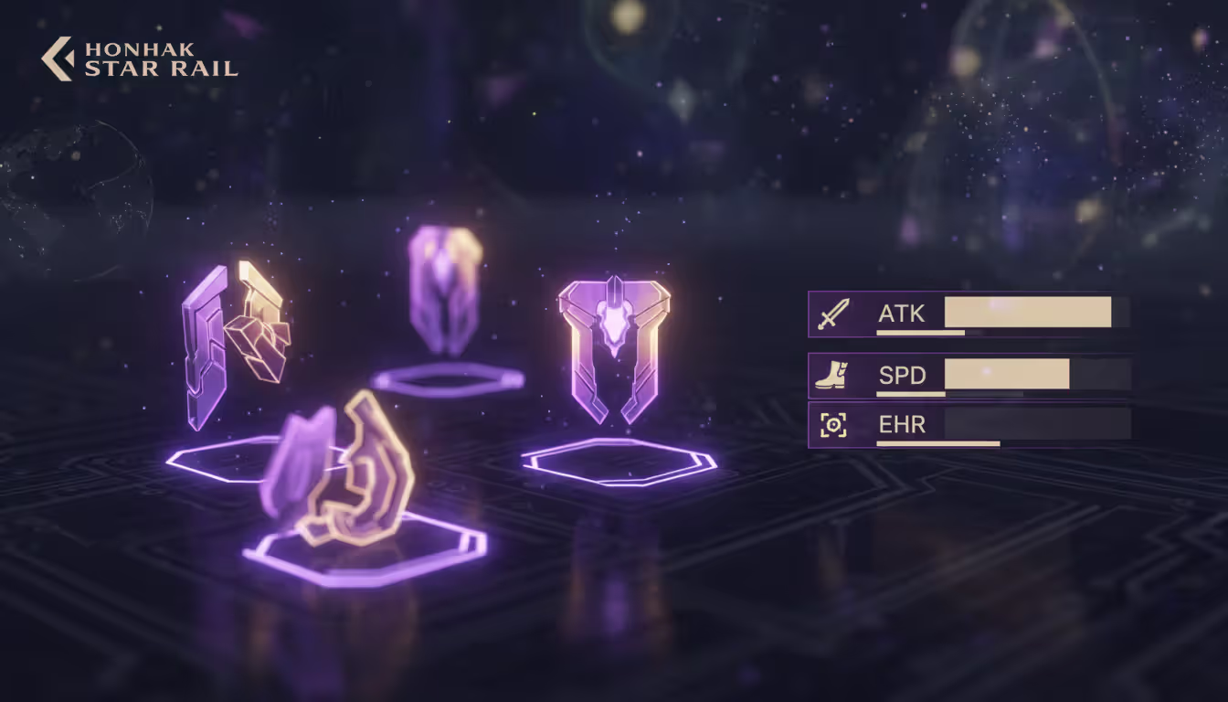 Honkai Star Rail relic artifacts glowing with stat indicators showing ATK speed and effect hit rate on a dark sci-fi surface