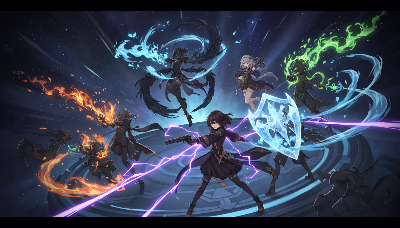 Four Honkai Star Rail characters in battle formation with lightning wind shear and burn DoT effects hitting enemies on a dark arena