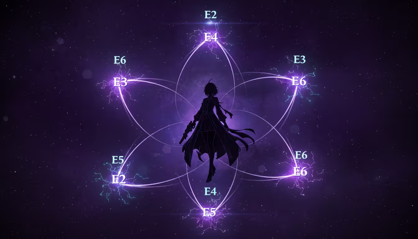 Kafka eidolon constellation map with six glowing nodes E2 E4 E6 highlighted as key power spikes on a cosmic purple background