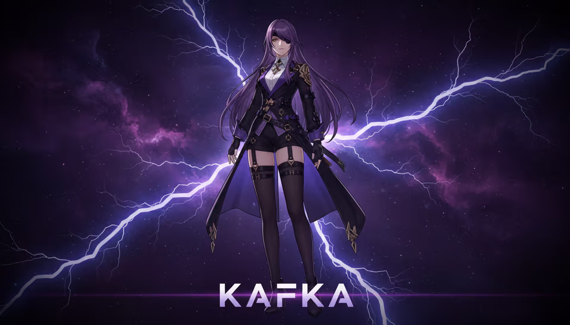 Kafka character from Honkai Star Rail standing in a dramatic cosmic environment with purple lightning effects around her