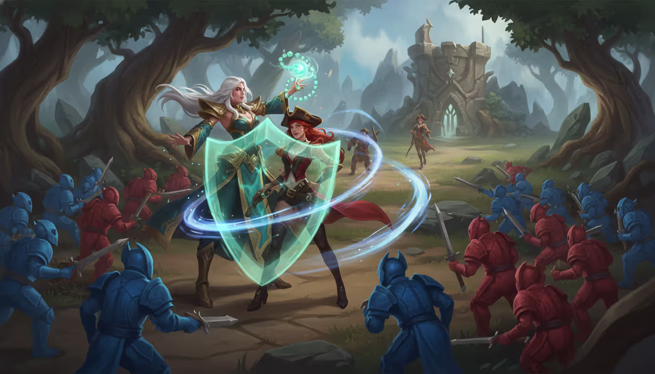 Karma casting Inspire shield on an allied ADC in bot lane with a glowing green-gold protective barrier and speed lines around the ally