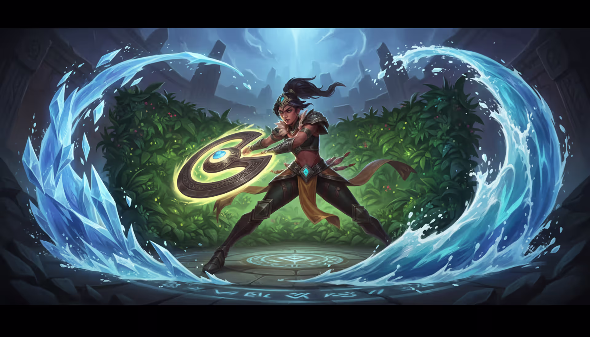 Qiyana from League of Legends in a dynamic combat pose holding her ring blade weapon surrounded by ice plant and water elemental effects on a dark Summoner's Rift background