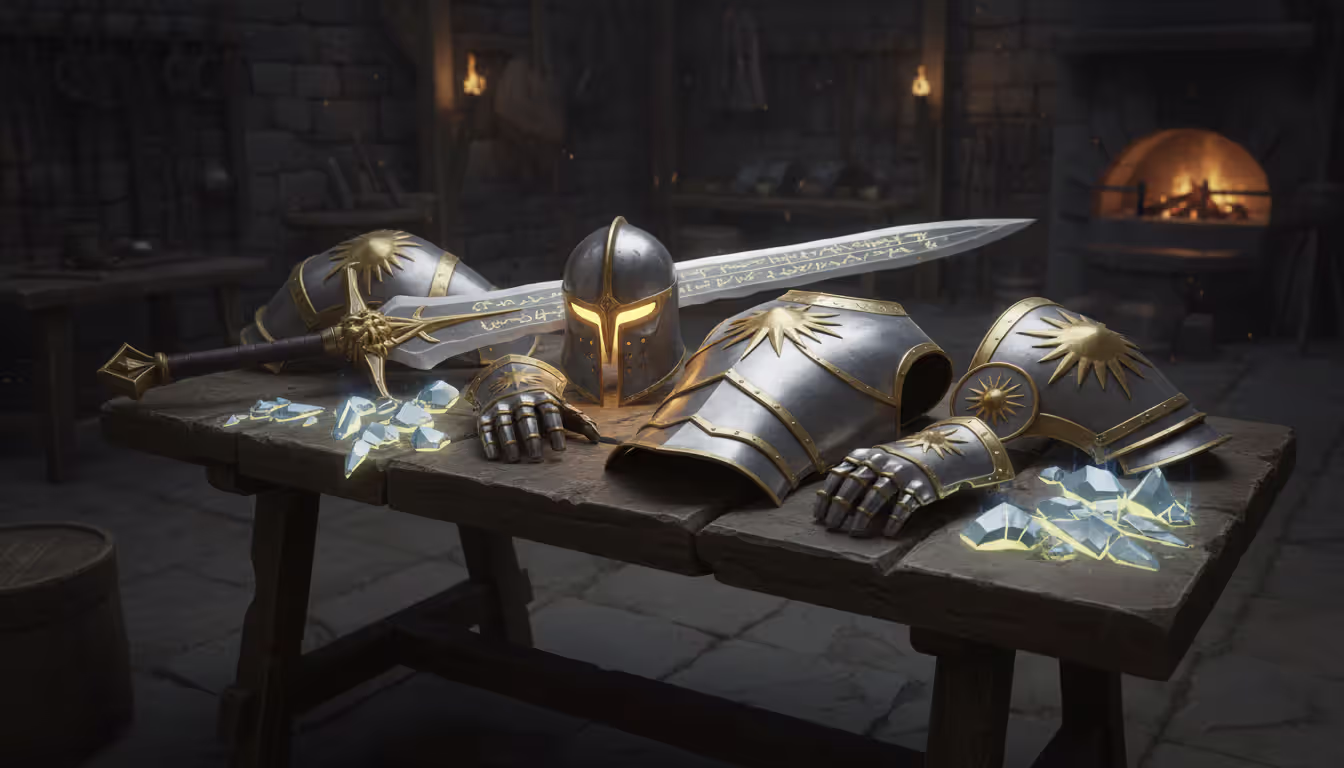 Epic paladin raid gear set laid out on a stone anvil table including helmet chestplate shoulders gauntlets and a two-handed sword in a medieval forge