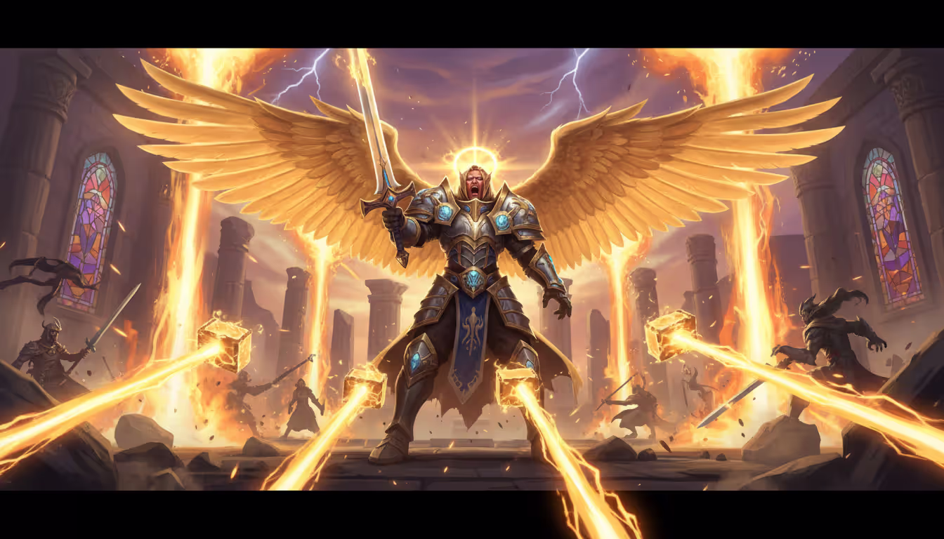 Retribution Paladin activating Avenging Wrath with golden wings spread and Hammer of Wrath projectiles flying toward a target in a raid encounter