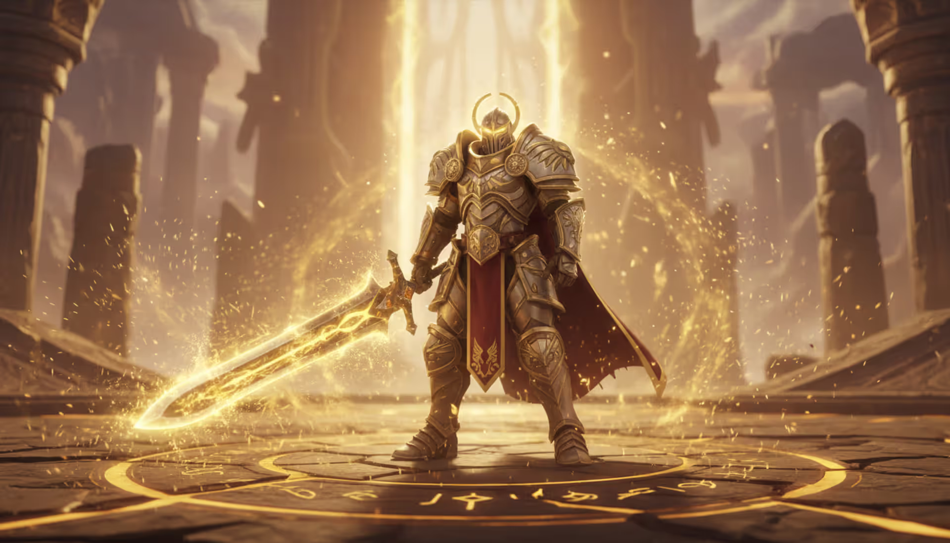 Retribution Paladin in glowing plate armor holding a massive two-handed sword surrounded by golden holy energy in a raid arena