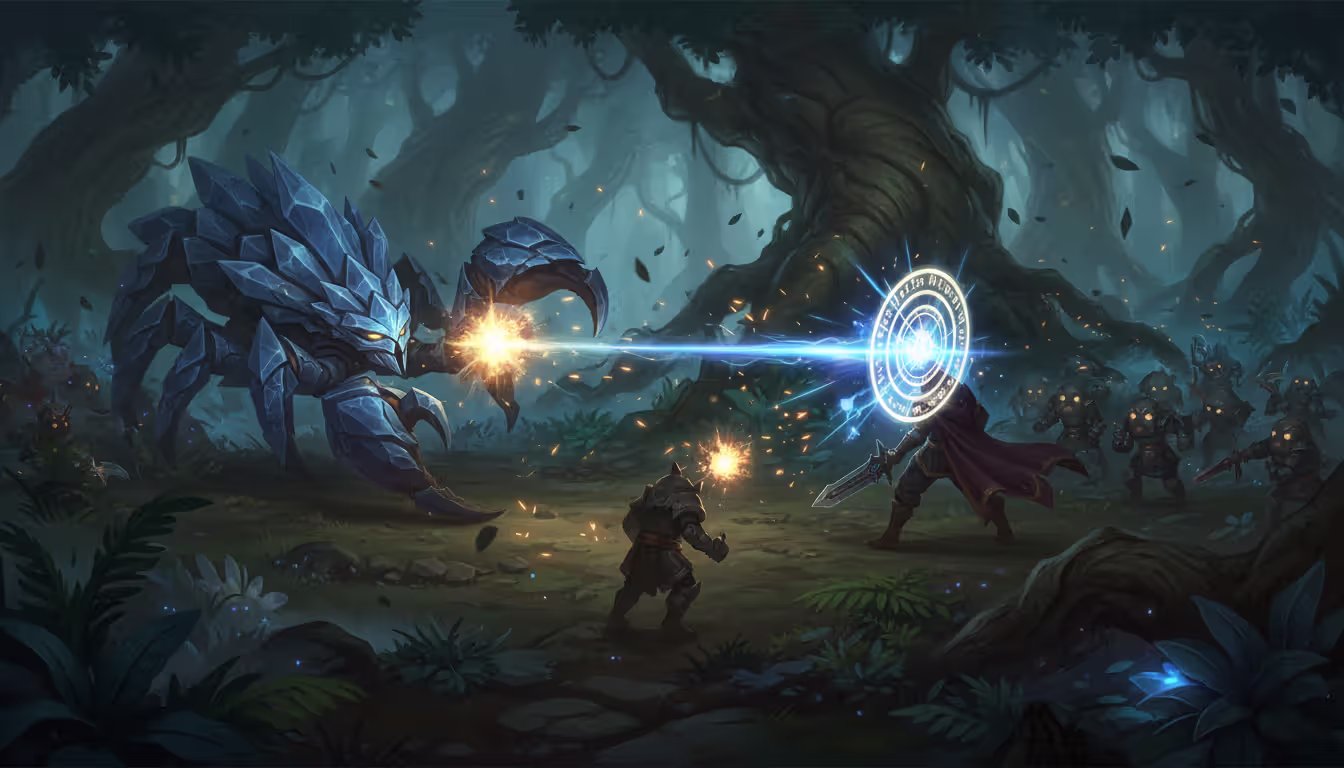 Skarner launching a glowing energy skillshot through minions hitting an enemy champion with a visible mark in a dark jungle battlefield