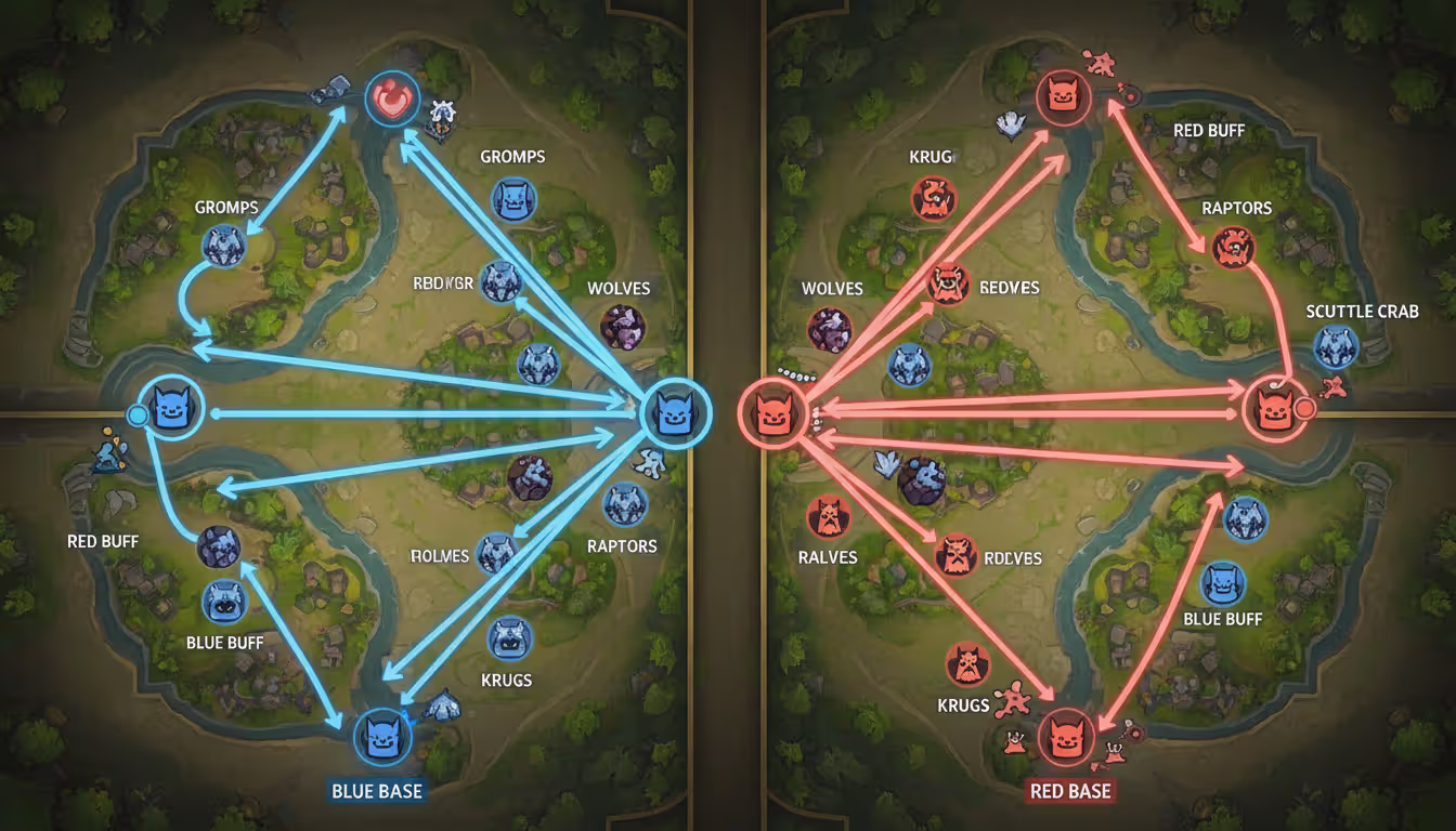 Top-down League of Legends jungle map showing a full clear route with glowing arrows through both friendly and enemy jungle camps