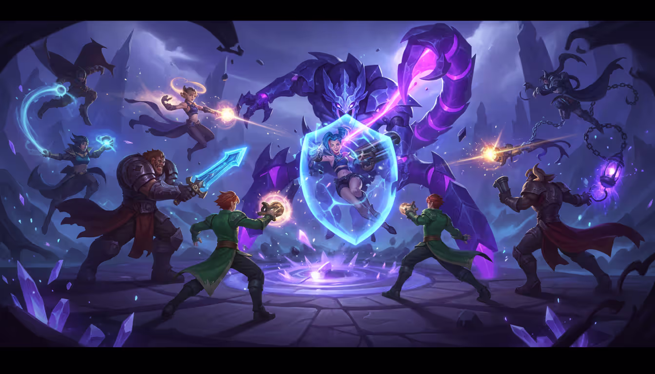 Skarner using ultimate ability to suppress and drag an enemy ADC during a chaotic 5v5 teamfight with magical effects in League of Legends