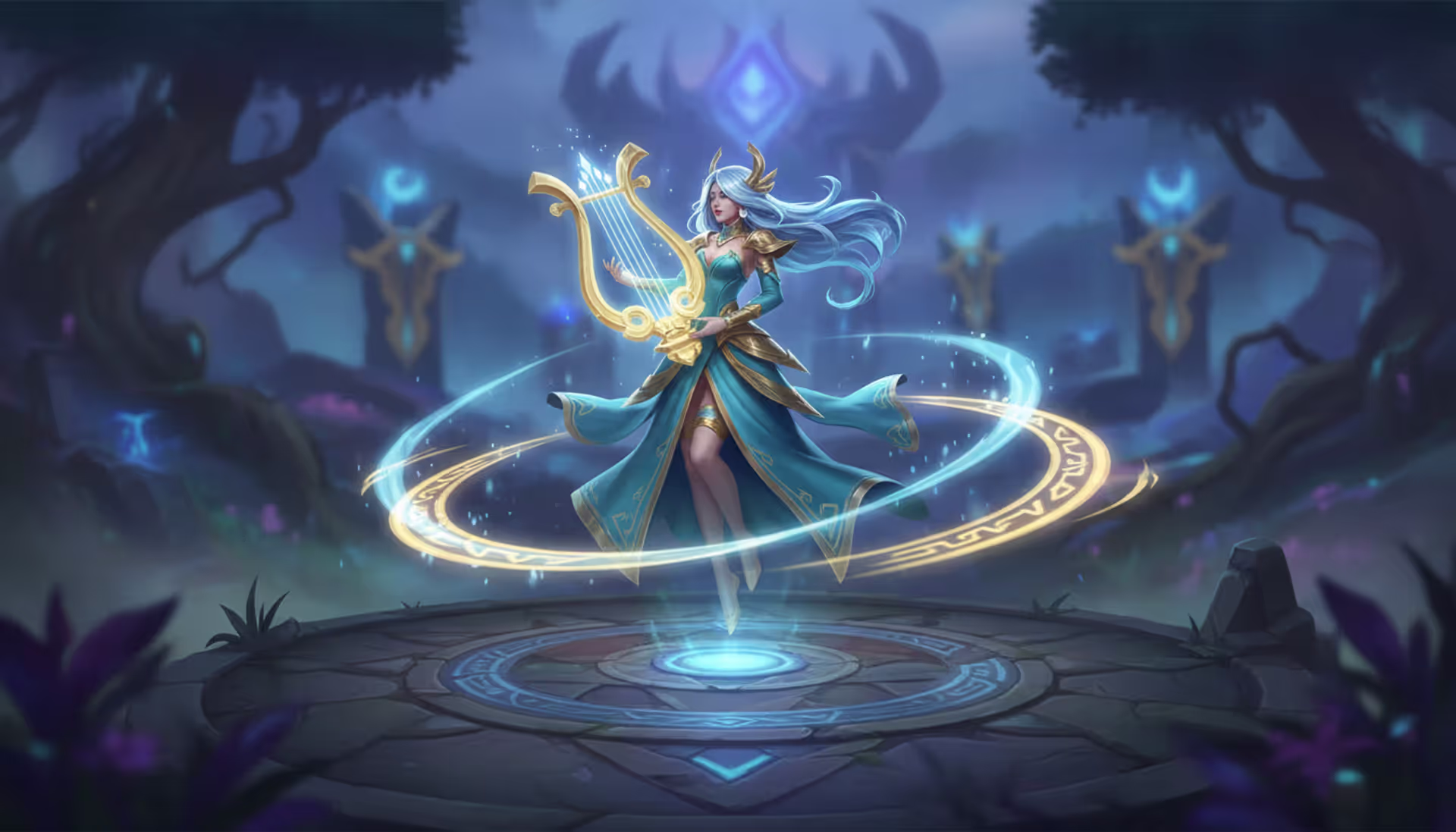 Sona champion from League of Legends floating with her etwahl instrument surrounded by glowing blue and gold auras on Summoner's Rift background