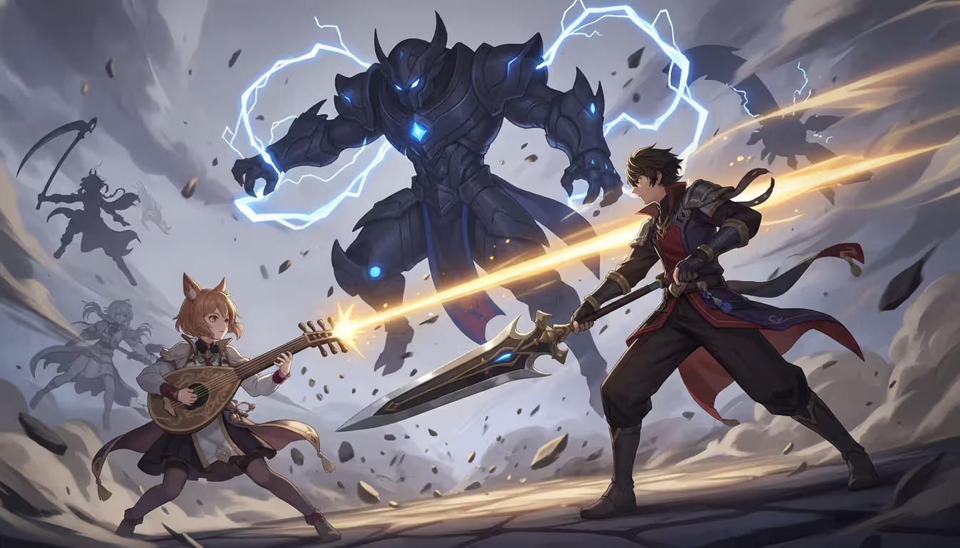 Tingyun playing lute buffing Jing Yuan with Lightning Lord while Seele and Clara stand ready in a dynamic Honkai Star Rail battle scene