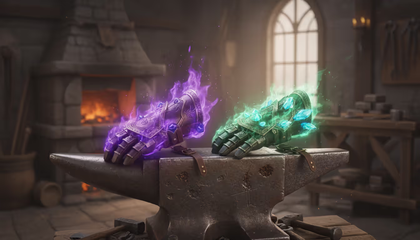Close-up of Windwalker Monk bracers with Shadowflame embellishment dark purple fire effect and Elemental Focusing Lens crystal glow on fantasy blacksmith anvil