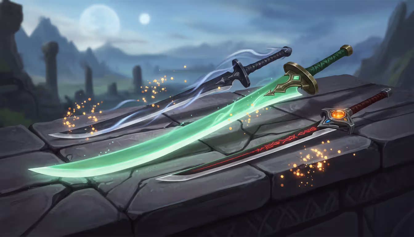 Fantasy sword collection laid out on stone surface featuring jade glowing blade dark misty sword and compact amber-gemmed sword with Geo element particles