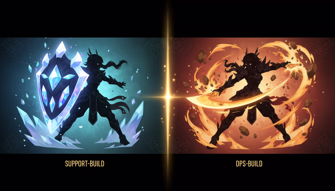 Two contrasting silhouettes of Xilonen showing support build with crystal shield on left and DPS build with aggressive Geo strikes on right divided by golden energy line