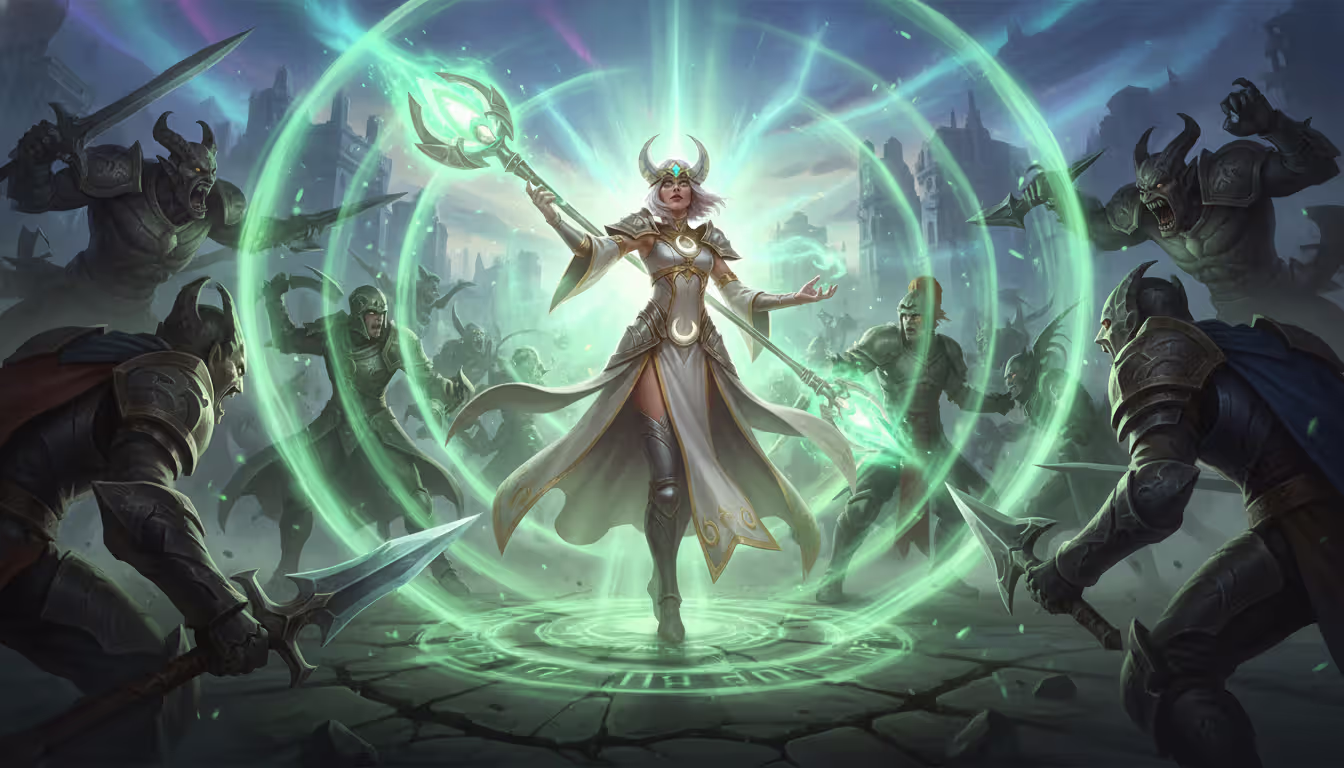 Fantasy healer champion radiating green healing waves protecting allies during an intense battle scene