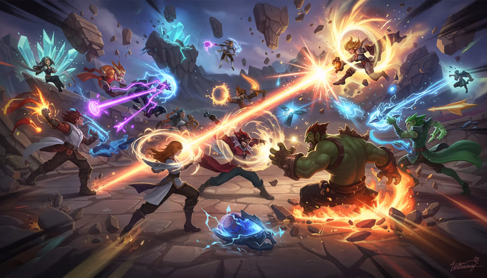 Chaotic League of Legends URF mode teamfight with multiple champions casting colorful abilities and explosions across the arena