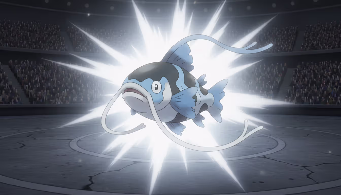 Barboach glowing white during evolution transformation into Whiscash on a dark Pokemon battle arena background