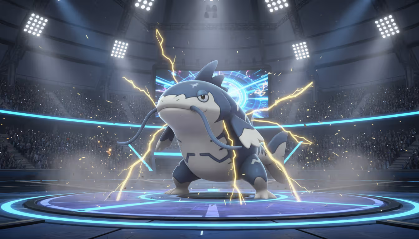 Whiscash standing confidently on a Pokemon battle stadium absorbing an electric attack with lightning bolts dissipating harmlessly around it