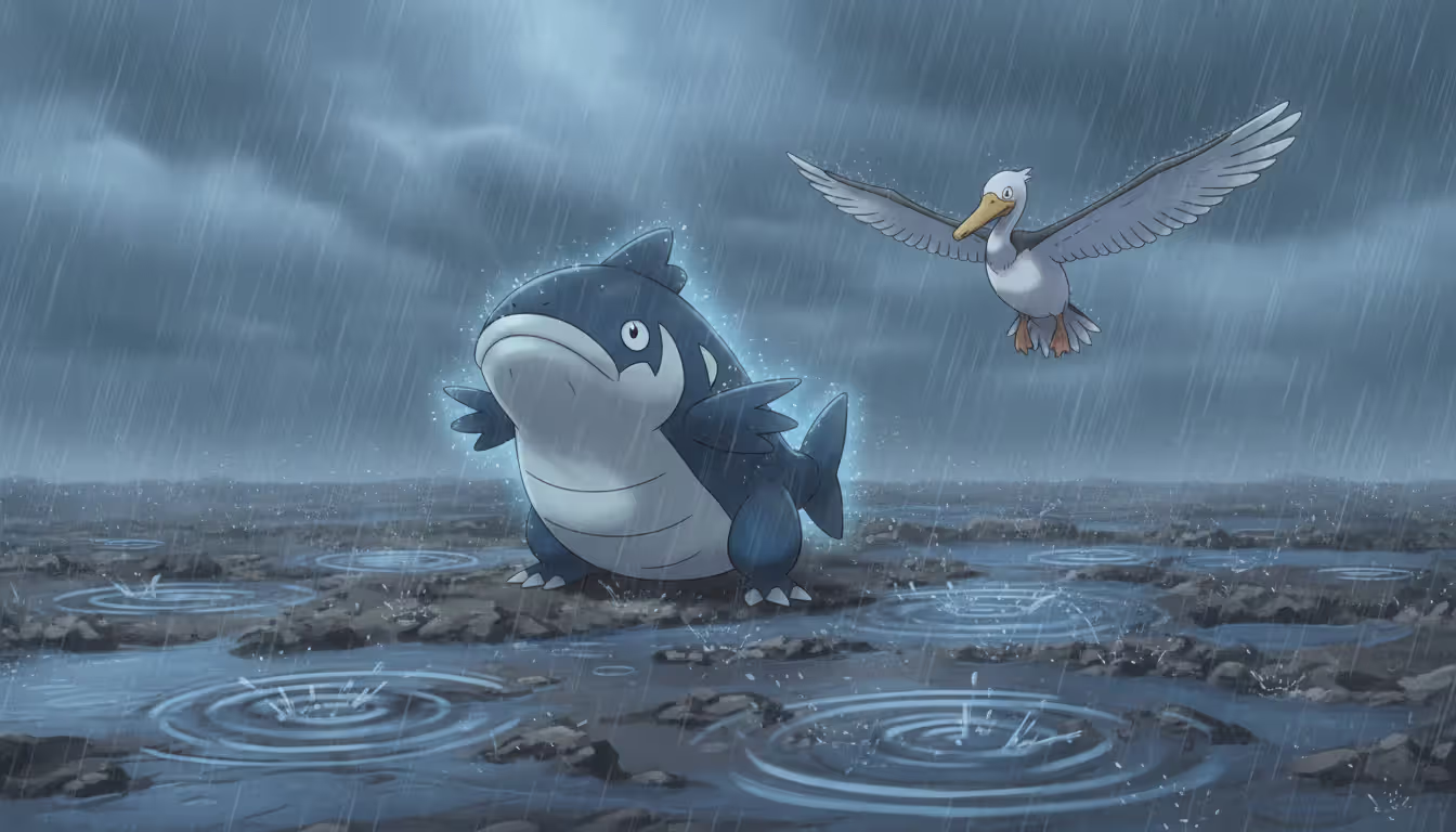 Whiscash standing in heavy rain on a battlefield with a healing blue glow from Hydration ability and Pelipper flying in rain clouds above