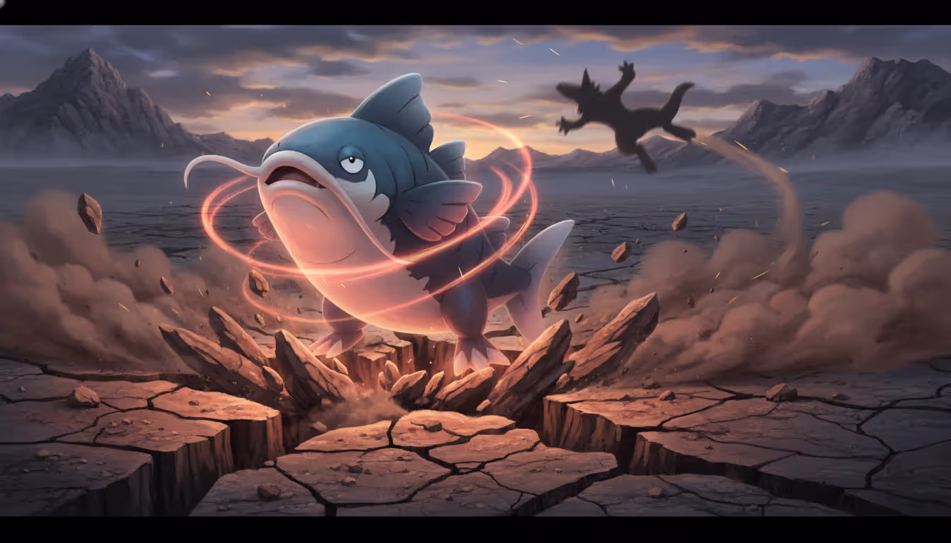 Whiscash using Earthquake attack with cracking ground and debris while a fire-type Pokemon opponent is knocked back on a rocky battle arena with Dragon Dance boost aura