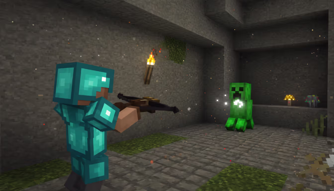 Minecraft player in diamond armor reloading crossbow while a creeper approaches in a dark cave combat scene