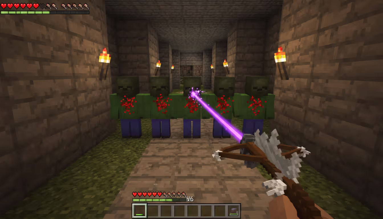 Minecraft arrow piercing through a line of zombies in a narrow stone corridor demonstrating Piercing enchantment mechanic