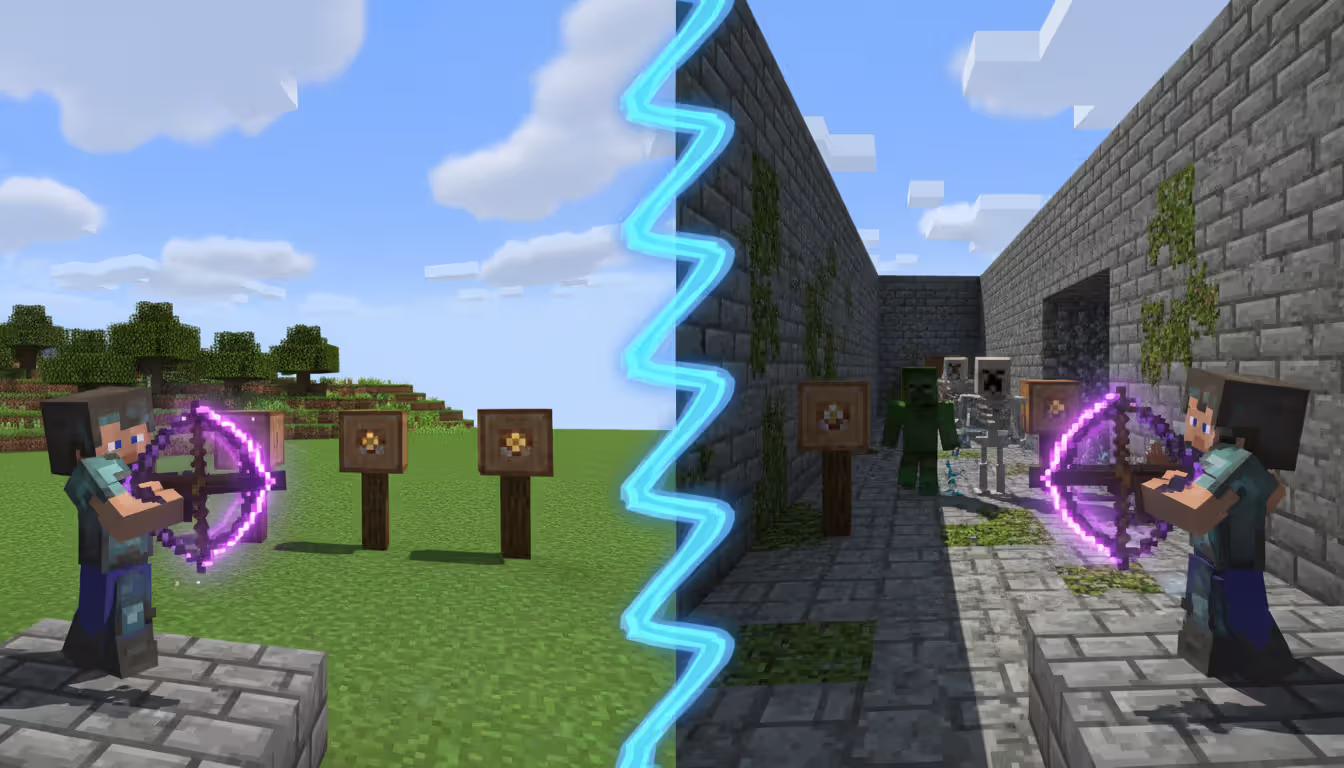 Two Minecraft players side by side comparing enchanted bow and enchanted crossbow on a stone brick arena with armor stand targets