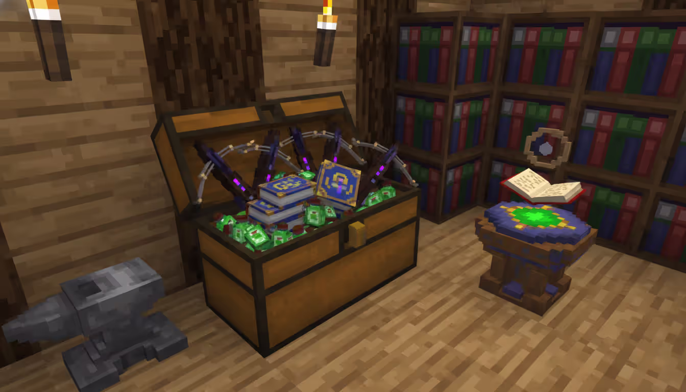 Open Minecraft chest filled with enchanted crossbows enchanted books and experience bottles next to an anvil and enchanting table setup in a wooden workshop room