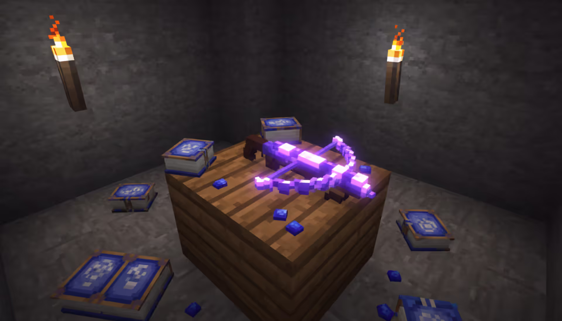 Enchanted Minecraft crossbow glowing purple on crafting table with enchanted books and lapis lazuli nearby in a dark cave setting
