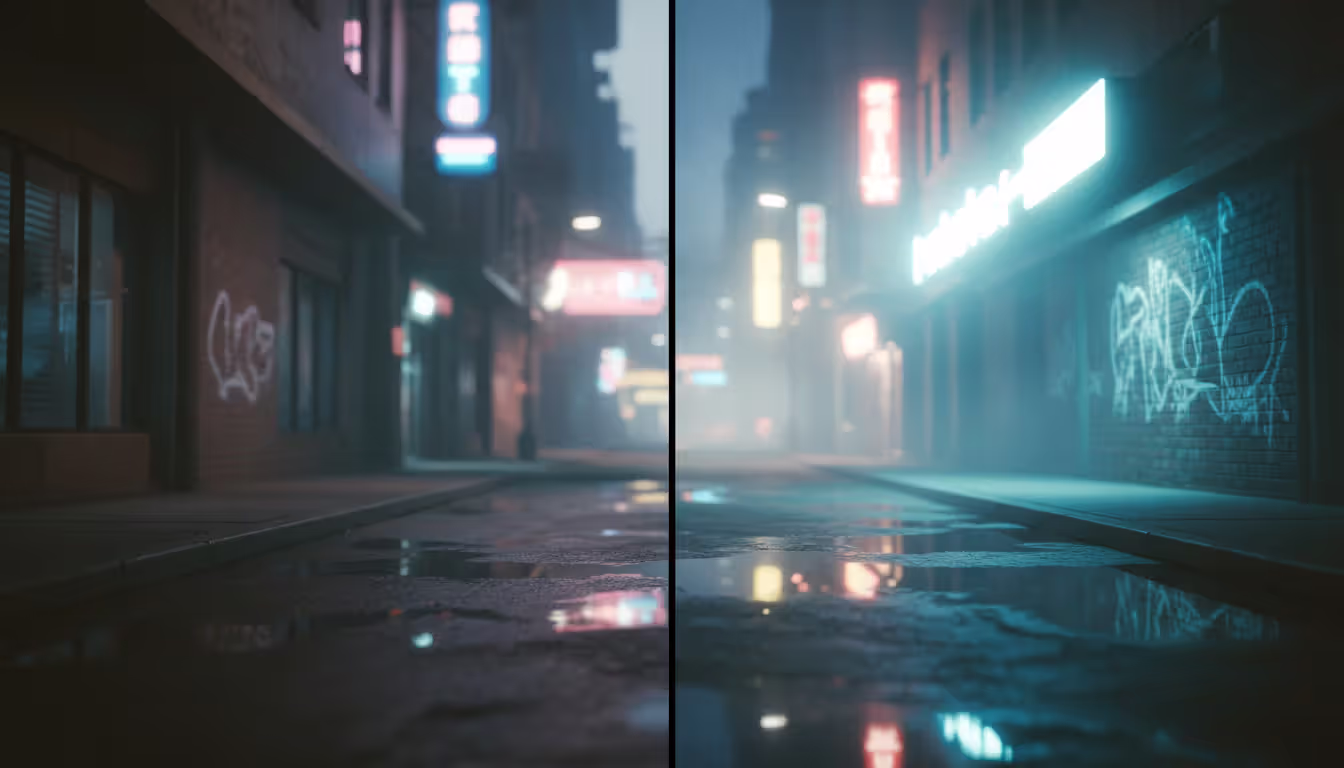 Split-screen comparison of Cyberpunk 2077 street scene showing vanilla graphics on left versus modded enhanced graphics with vivid neon reflections and sharp textures on right