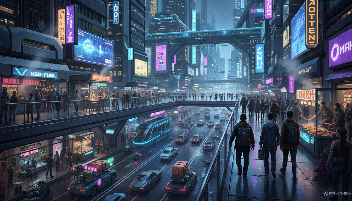 Crowded futuristic night city street with many diverse pedestrians, glowing food vendors, heavy traffic, and neon signs creating a lively urban atmosphere