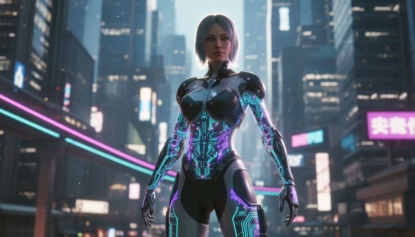 Virtual photography scene of cyberpunk female character with cybernetic implants posing against city skyline backdrop with cinematic depth of field and neon backlight bokeh effect