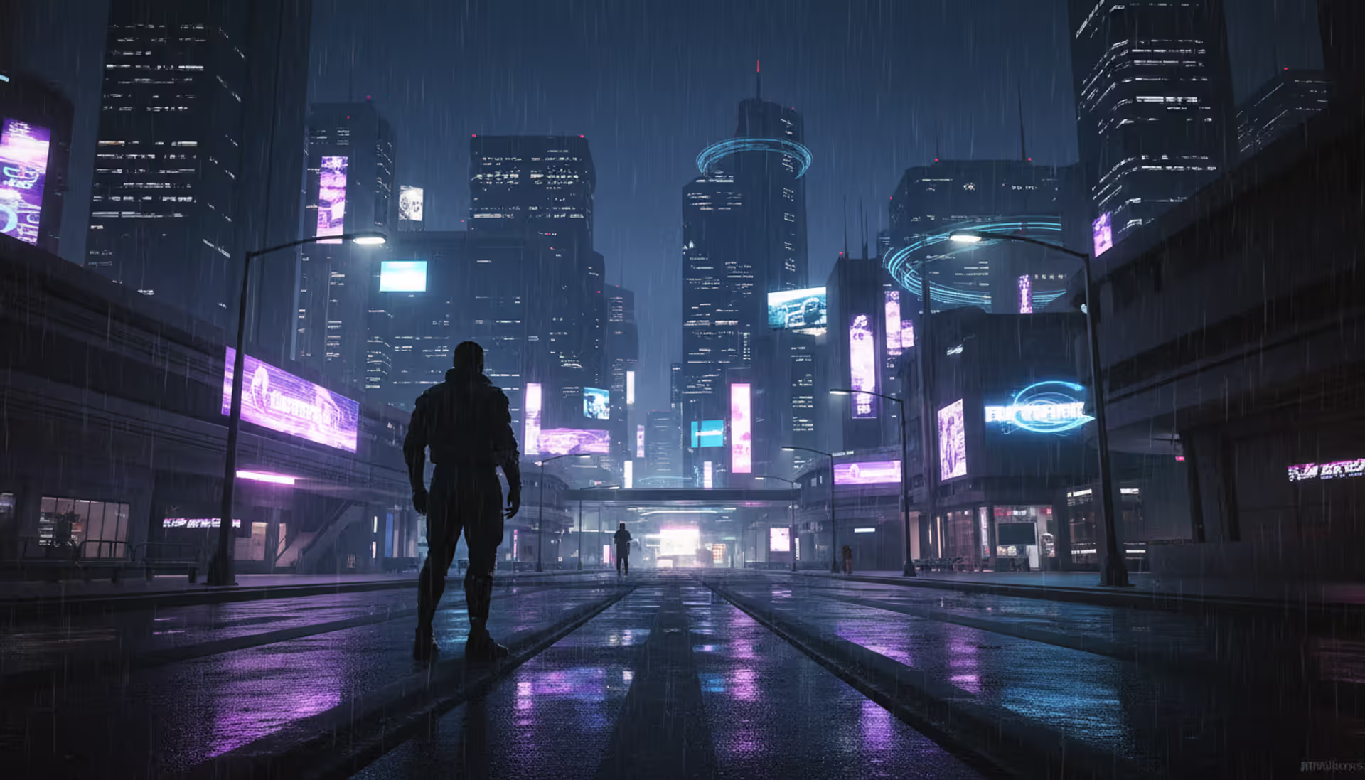 Night city skyline with neon lights reflecting on wet streets, cyberpunk character silhouette with cybernetic implants looking at futuristic skyscrapers in the rain