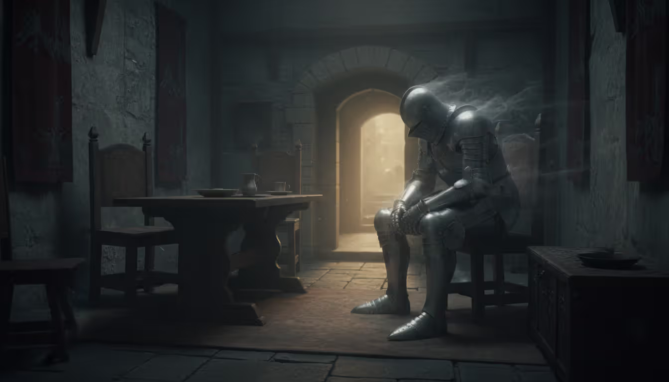 Ghostly phantom figure in heavy armor sitting in a dark medieval castle room in Elden Ring Roundtable Hold