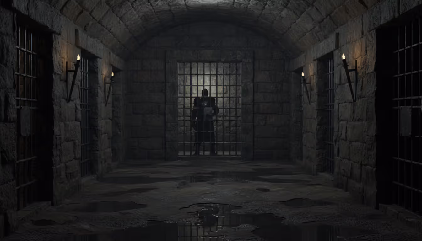 Underground prison with stone cells and armored prisoner behind iron bars in dark sewer dungeon