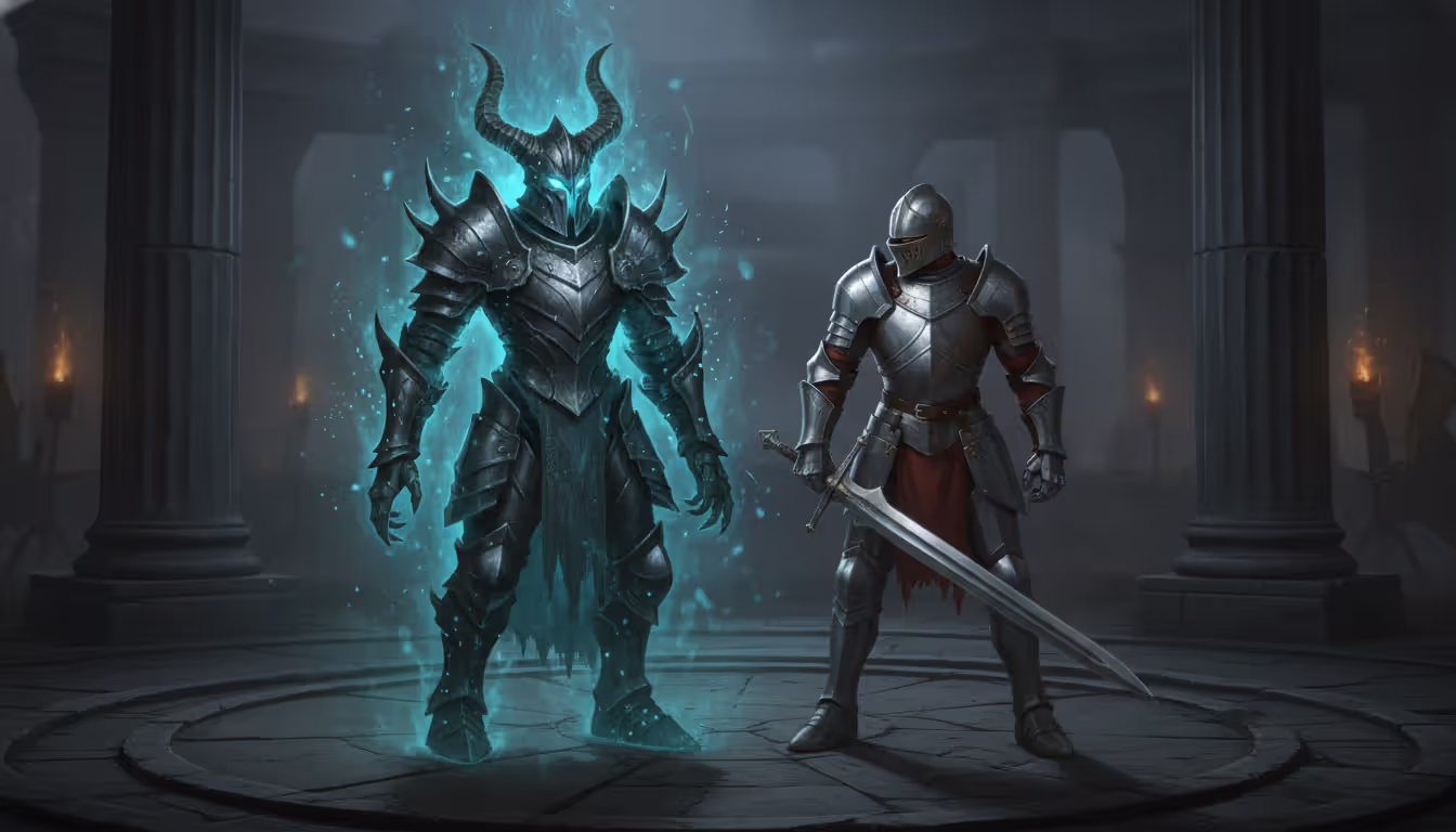 Spirit ash puppet summon in horned armor with blue magical glow standing next to player character in dark arena