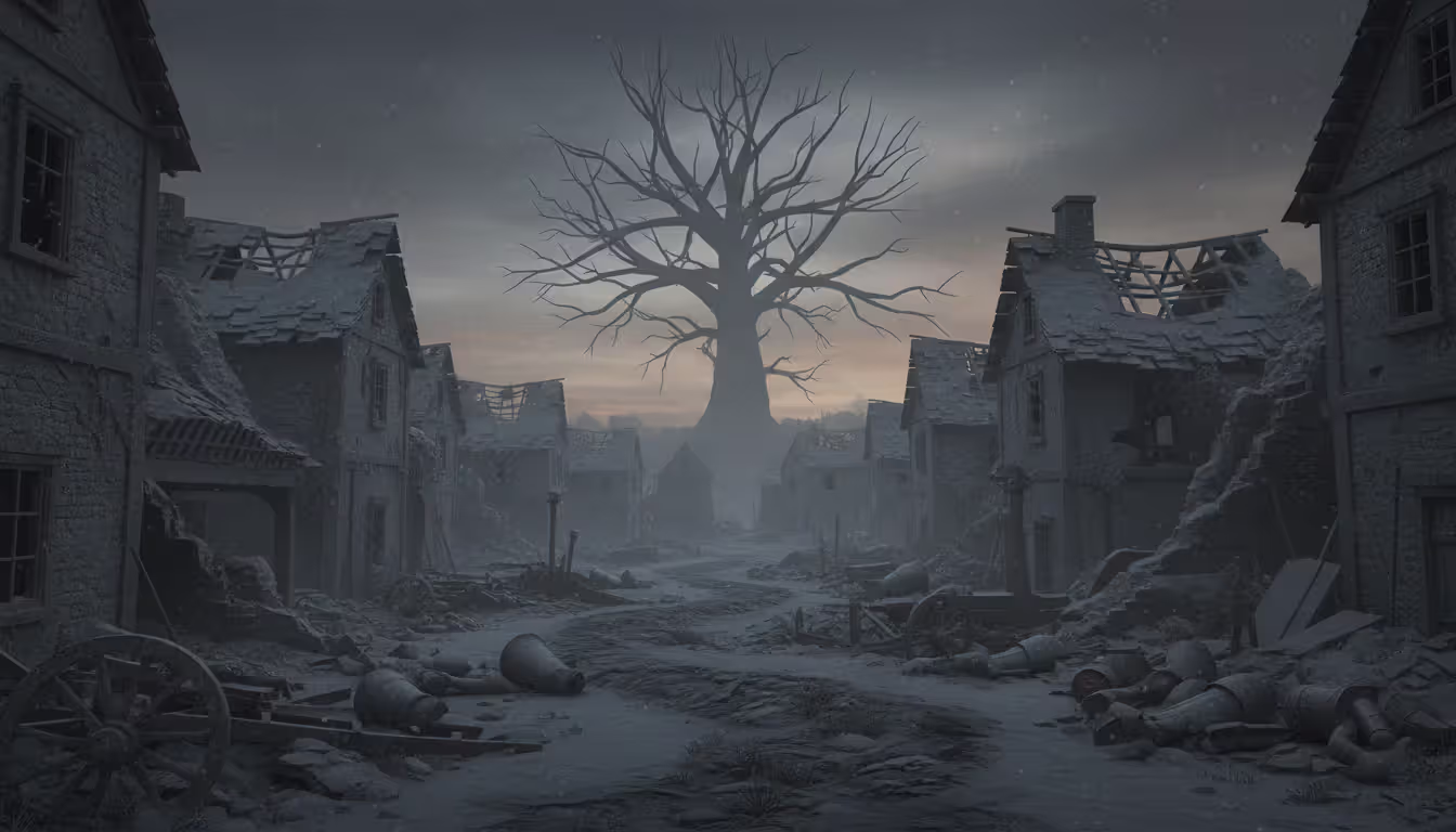 Destroyed ashen medieval city with collapsed buildings and dead giant tree under grey-orange sky in Elden Ring