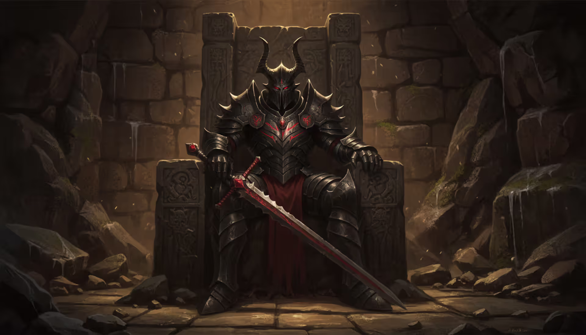 Dark armored character with horned helmet sitting on a stone throne in a dim dungeon in Elden Ring