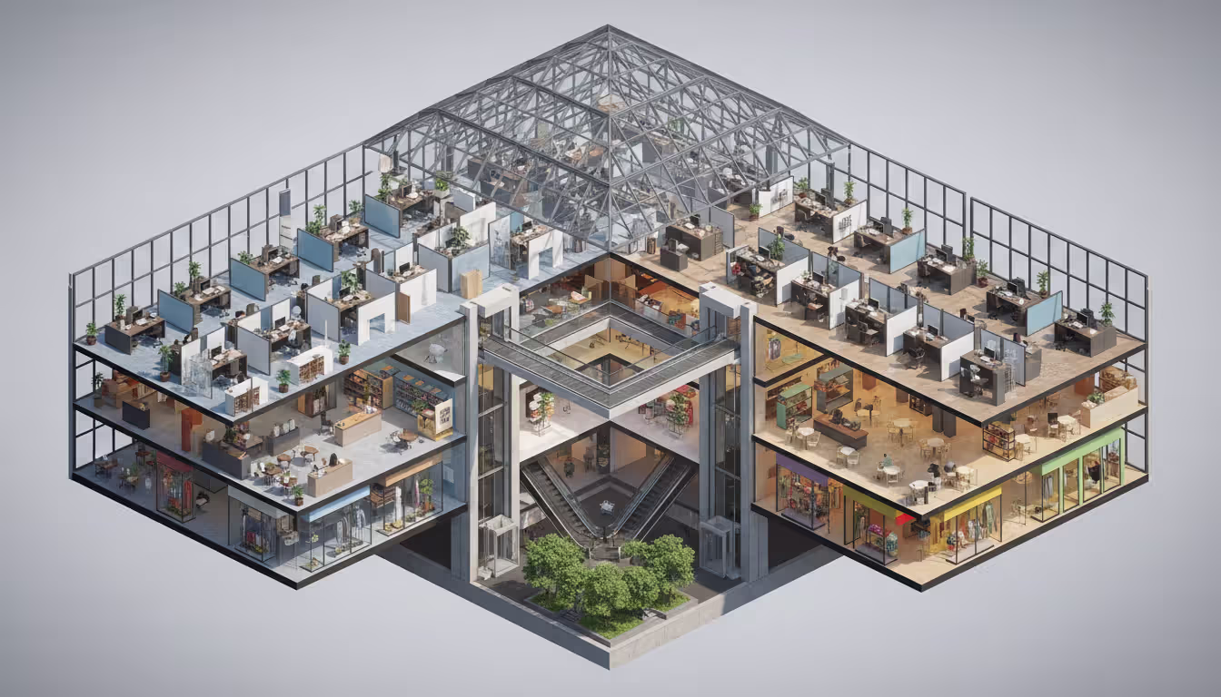 Isometric cutaway view of a multi-story office complex showing three zones: north wing offices, south wing retail area, and central glass-roofed atrium connecting both sections