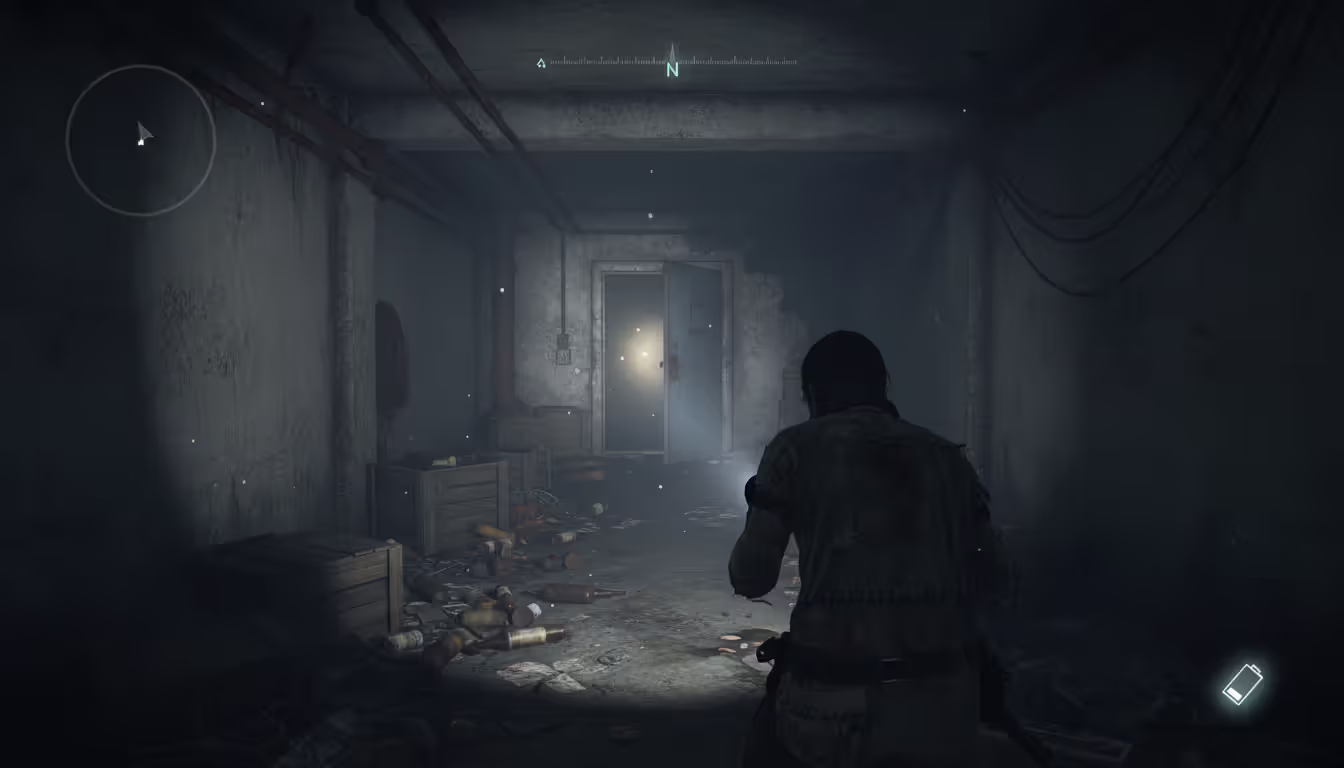 First-person view of a scavenger character sneaking through a dark basement corridor with a flashlight, scattered items and crates on the floor, dim light visible through a partially open door ahead