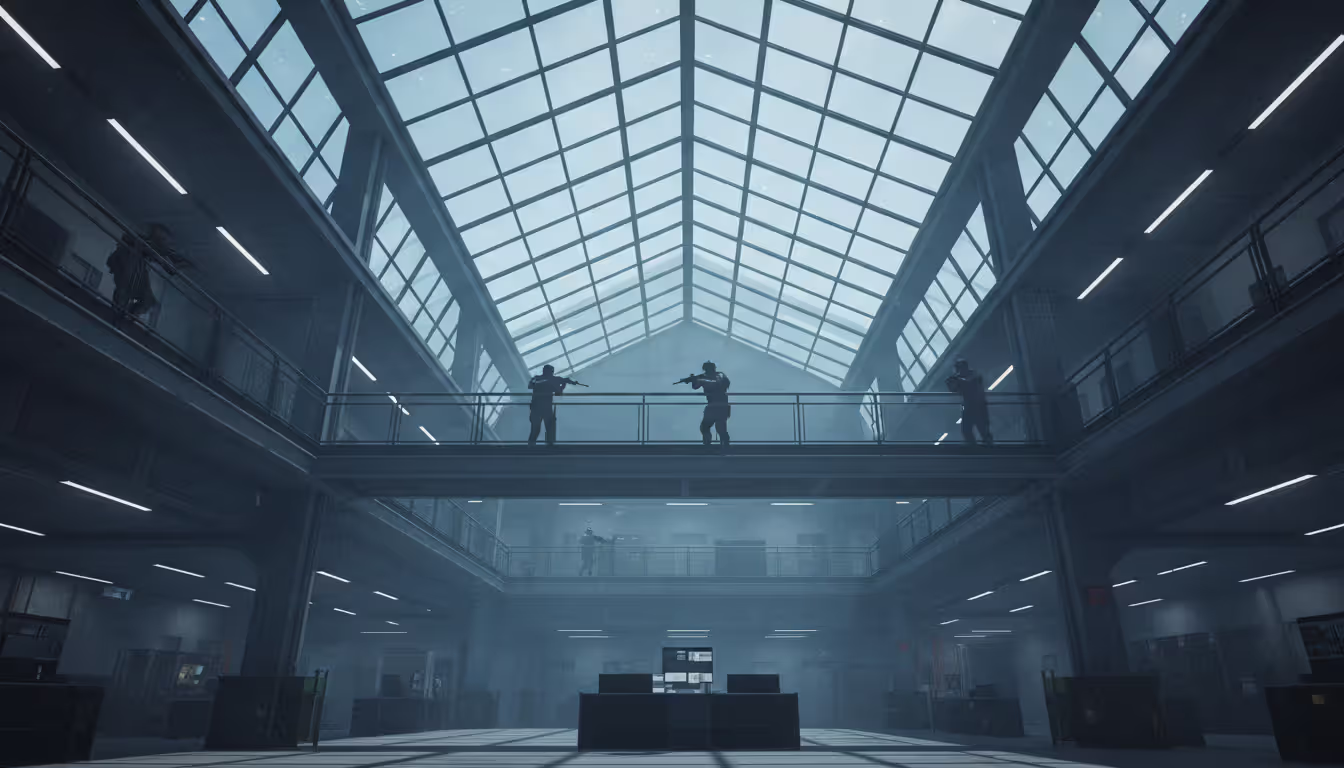 Low-angle view looking up inside a multi-level building atrium with open balcony walkways on upper floors, armed fighters holding overwatch positions, and a glass ceiling letting in diffused light