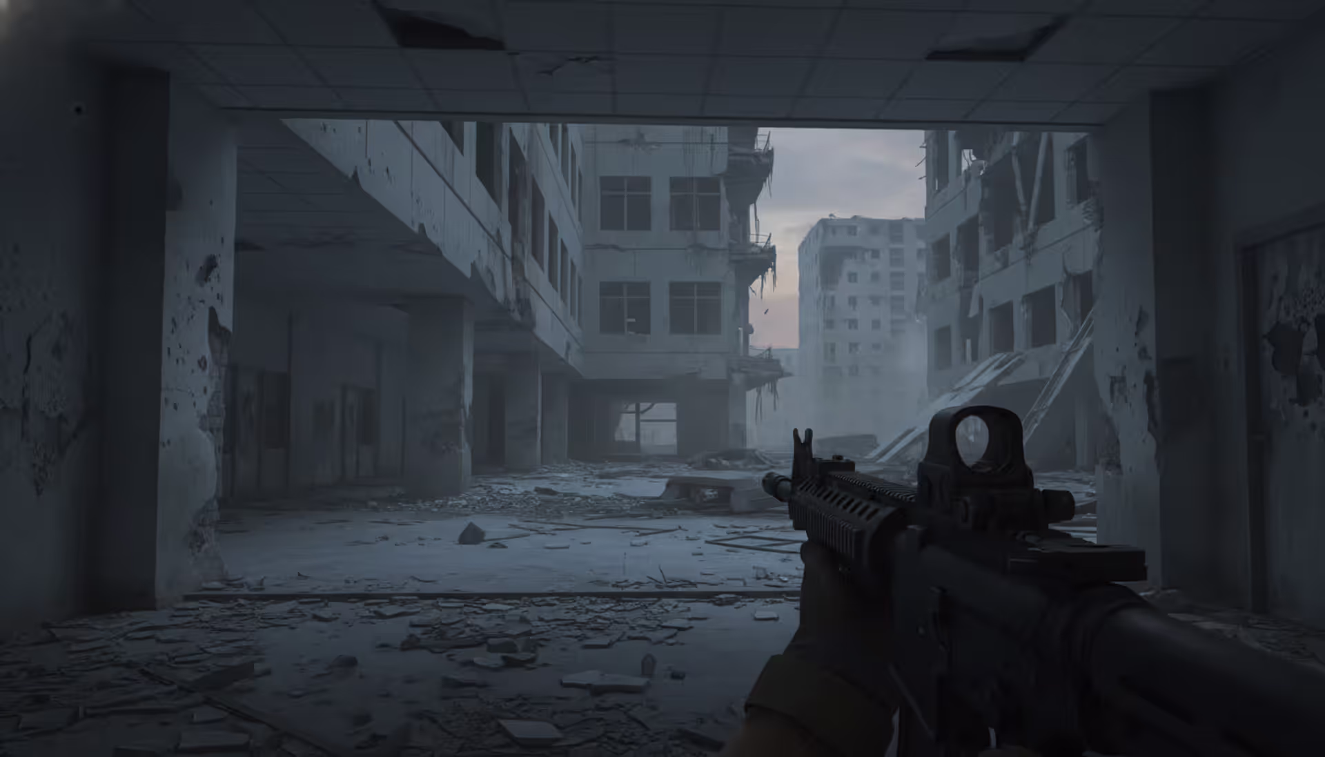 First-person view of an armed soldier entering a damaged multi-story office building in an urban combat zone with dim lighting and smoke